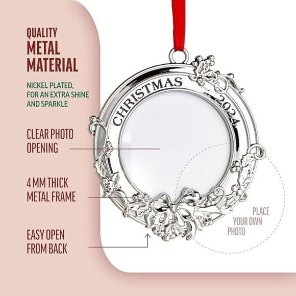 Set of 2 Christmas Silver 3.5" x 3.5" Round Photo Frame Engraved Tree Ornament - Picture 5 of 11